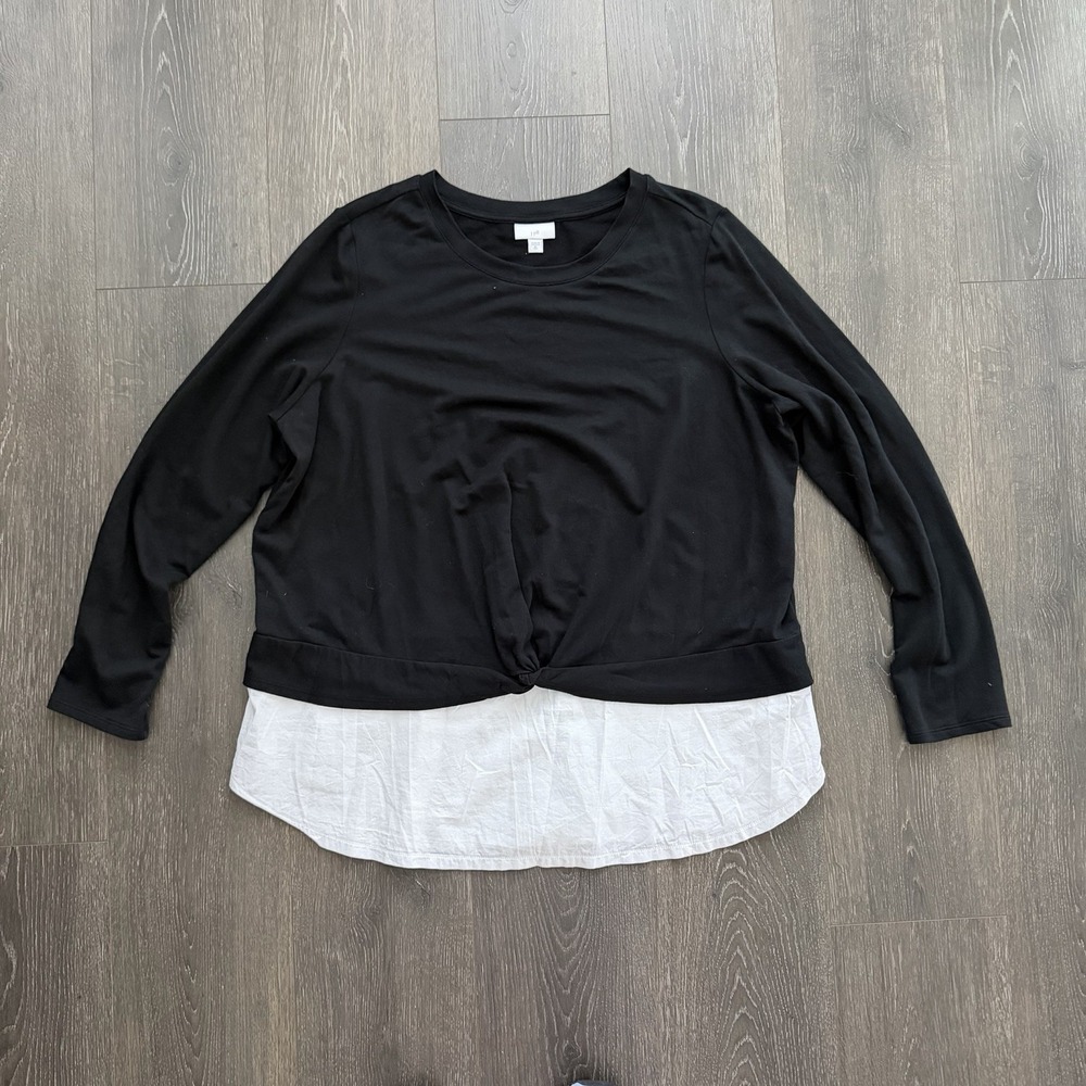 J Jill Layered Look Top XL Tall Preppy Office Casual Black White Mixed Media